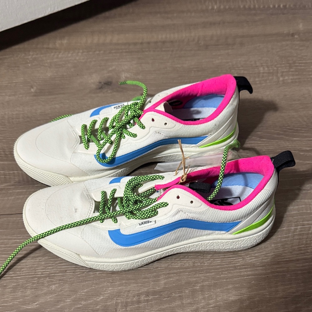 Vans Women's White Sneakers with Blue and Pink Accents